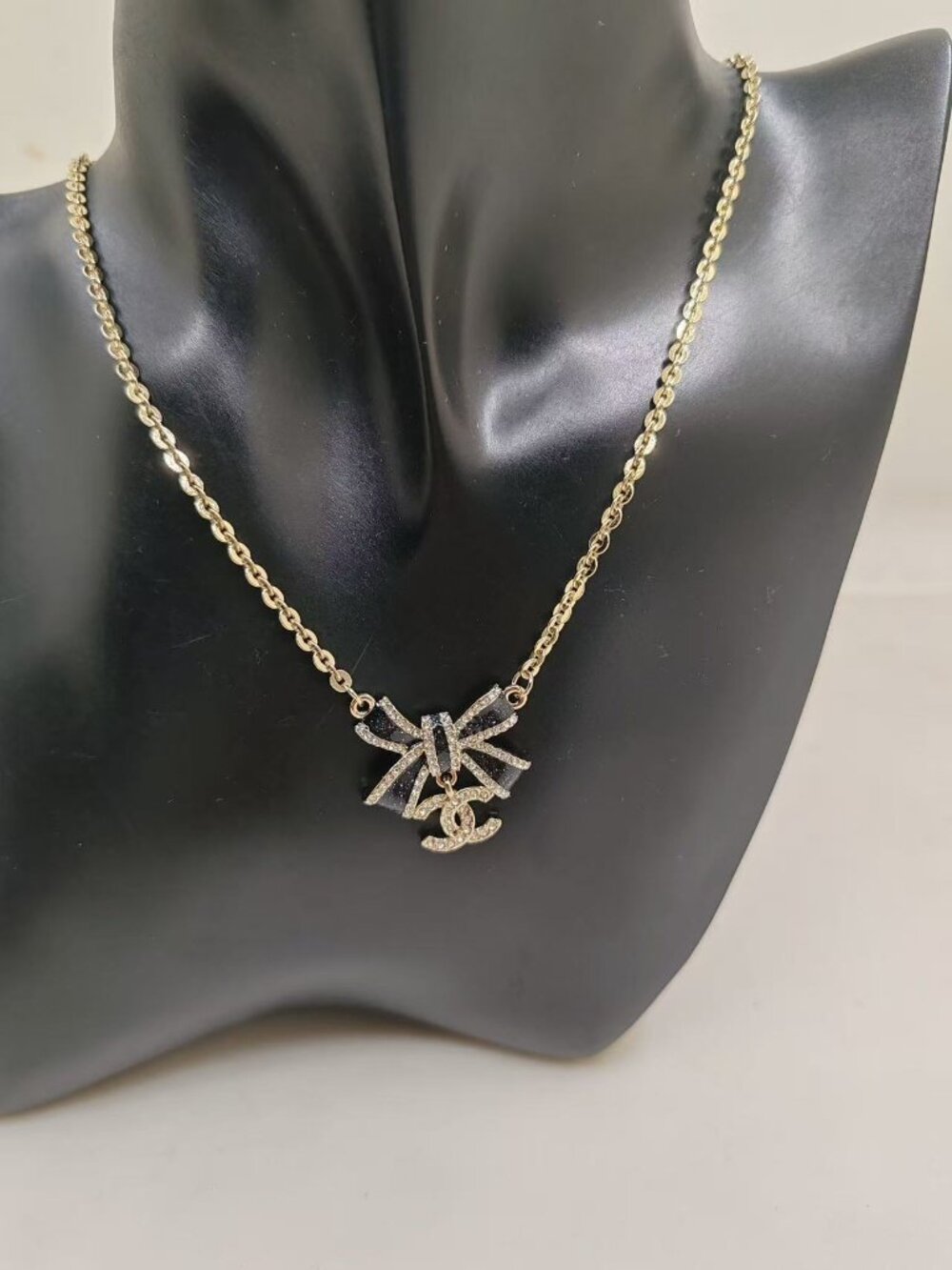 Chanel Double C Letter Square Logo Diamond-Paved Pearl Necklace - Gold Luxury Ca